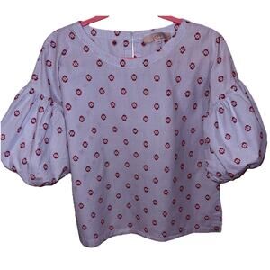 loft embroidered Poplin Blouse With Puff Sleeves Size Small